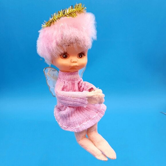 Vintage Pink Hair Pixie Angel Ornament Knee Hugger Tulle Wings Gold Japan 1960s - Picture 2 of 12